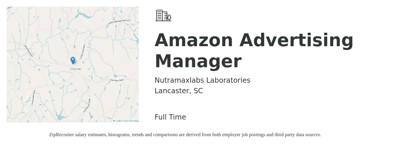 Nutramaxlabs Laboratories job posting for a Amazon Advertising Manager in Lancaster, SC with a salary of $54,900 to $90,600 Yearly with a map of Lancaster location.