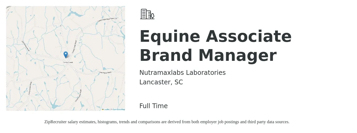 Nutramaxlabs Laboratories job posting for a Equine Associate Brand Manager in Lancaster, SC with a salary of $70,300 to $91,500 Yearly with a map of Lancaster location.