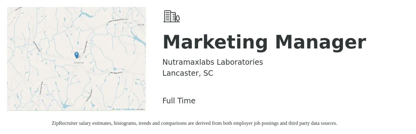 Nutramaxlabs Laboratories job posting for a Marketing Manager in Lancaster, SC with a salary of $48,800 to $79,700 Yearly with a map of Lancaster location.