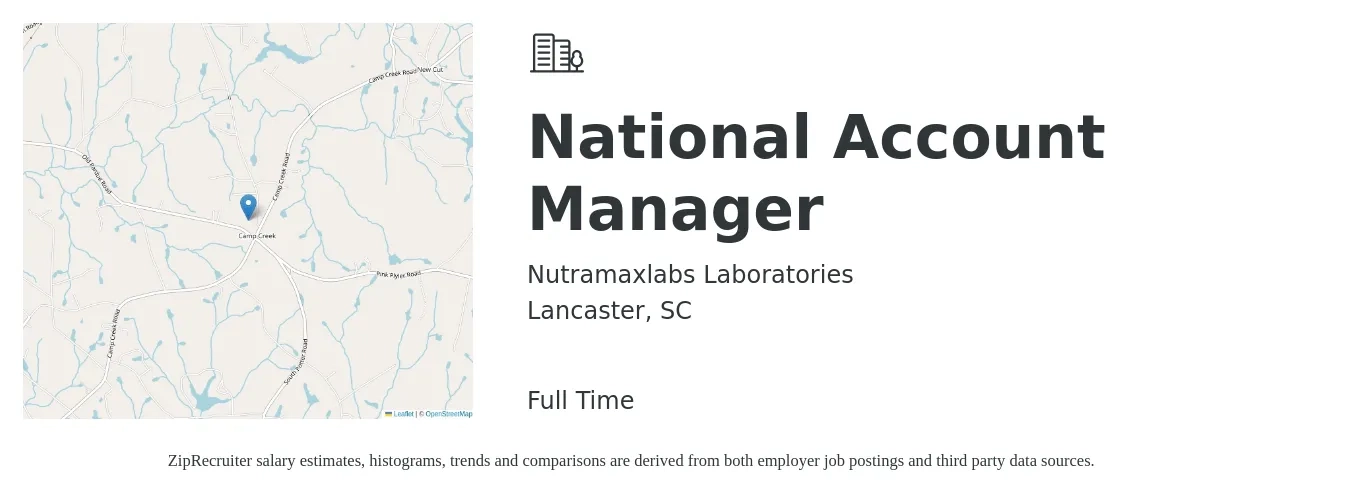 Nutramaxlabs Laboratories job posting for a National Account Manager in Lancaster, SC with a salary of $78,900 to $101,600 Yearly with a map of Lancaster location.