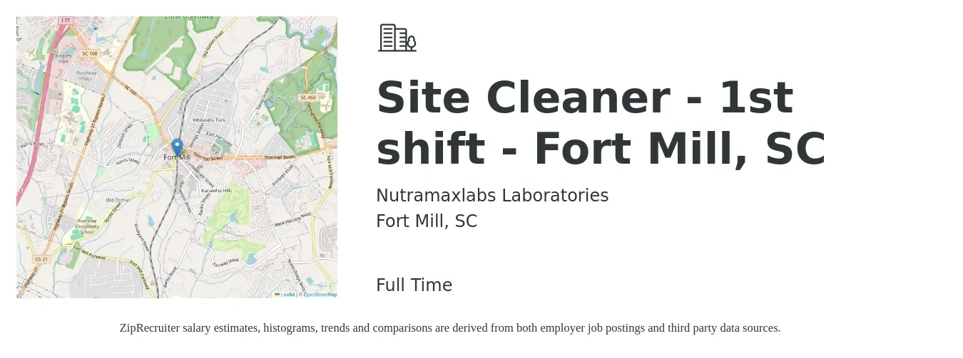 Nutramaxlabs Laboratories job posting for a Site Cleaner - 1st shift - Fort Mill, SC in Fort Mill, SC with a salary of $13 to $17 Hourly with a map of Fort Mill location.