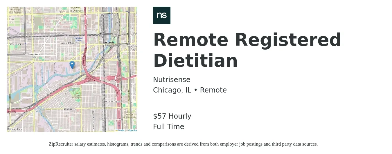 Nutrisense job posting for a Remote Registered Dietitian in Chicago, IL with a salary of $60 Hourly with a map of Chicago location.