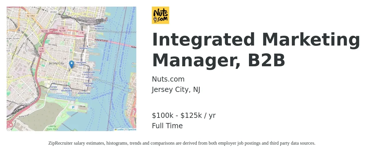 Nuts.com job posting for a Integrated Marketing Manager, B2B in Jersey City, NJ with a salary of $100,000 to $125,000 Yearly with a map of Jersey City location.