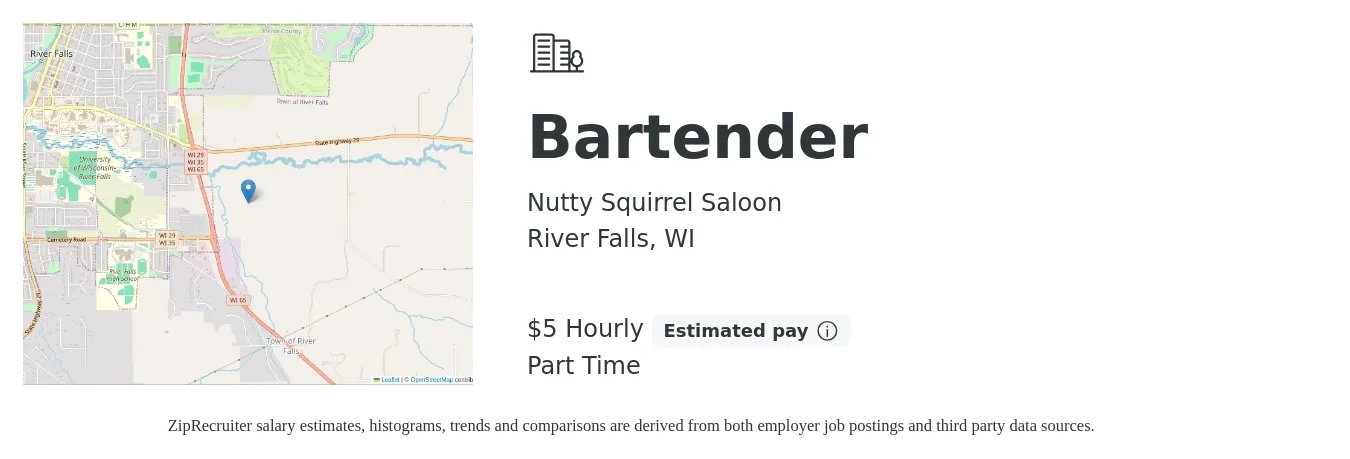 Nutty Squirrel Saloon job posting for a Bartender in River Falls, WI with a salary of $6 Hourly with a map of River Falls location.