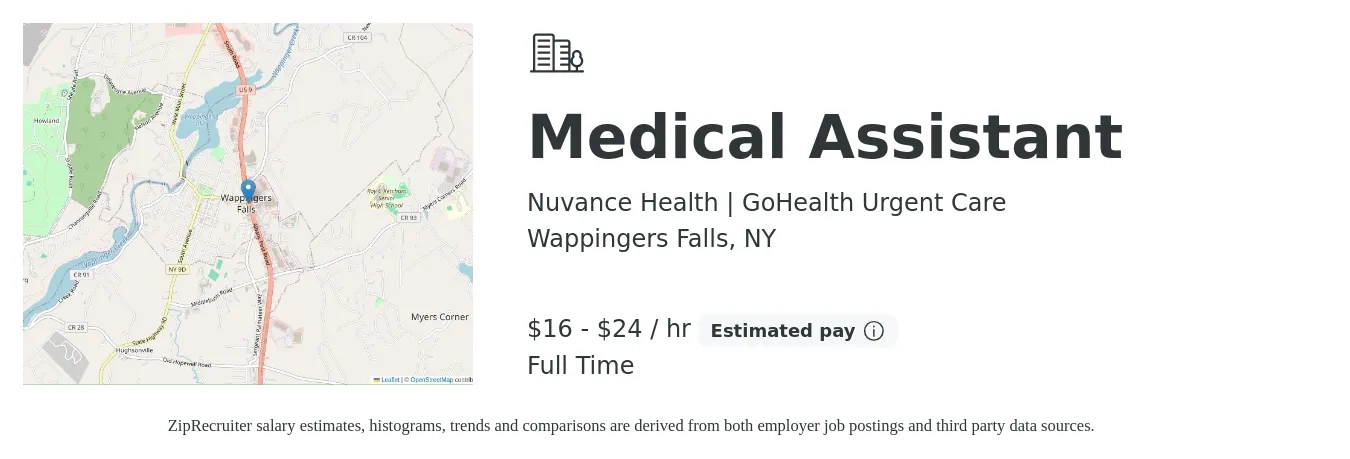 Nuvance Health | GoHealth Urgent Care job posting for a Medical Assistant in Wappingers Falls, NY with a salary of $18 to $22 Hourly with a map of Wappingers Falls location.