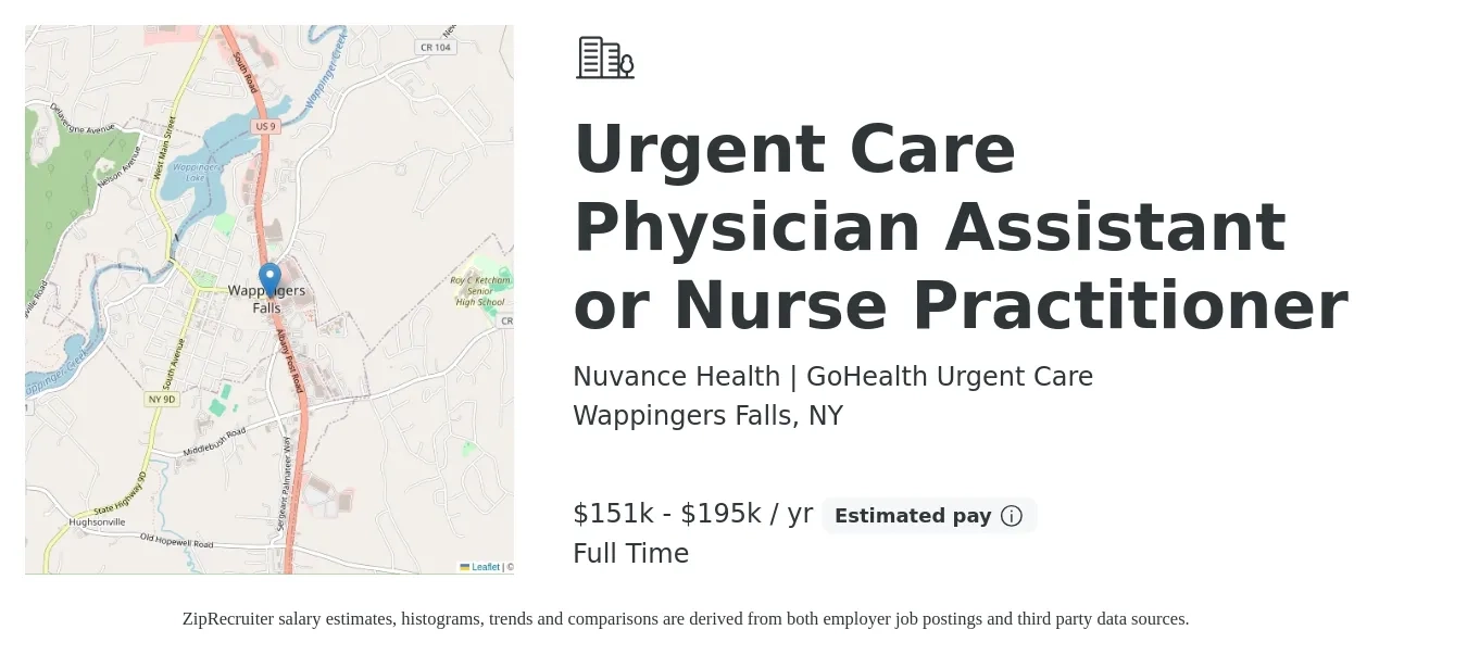 Nuvance Health | GoHealth Urgent Care job posting for a Urgent Care Physician Assistant or Nurse Practitioner in Wappingers Falls, NY with a salary of $151,840 to $195,520 Yearly with a map of Wappingers Falls location.