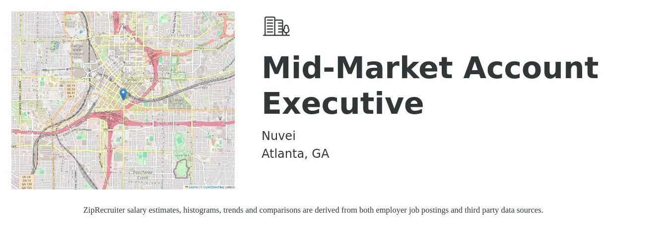 Nuvei job posting for a Mid-Market Account Executive in Atlanta, GA with a salary of $51,900 to $91,400 Yearly with a map of Atlanta location.