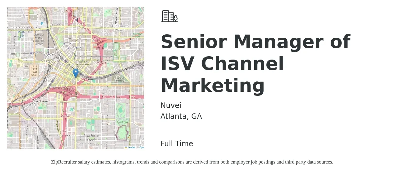 Nuvei job posting for a Senior Manager of ISV Channel Marketing in Atlanta, GA with a salary of $79,300 to $134,600 Yearly with a map of Atlanta location.