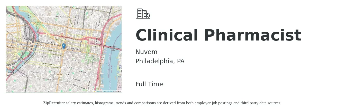 Nuvem job posting for a Clinical Pharmacist in Philadelphia, PA with a salary of $119,600 to $142,800 Yearly with a map of Philadelphia location.