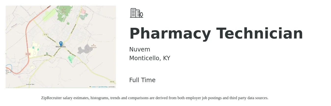 Nuvem job posting for a Pharmacy Technician in Monticello, KY with a salary of $15 to $18 Hourly with a map of Monticello location.