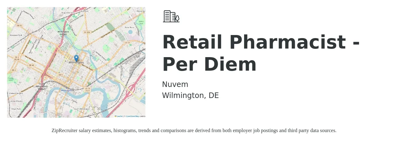 Nuvem job posting for a Retail Pharmacist - Per Diem in Wilmington, DE with a salary of $56 to $68 Hourly with a map of Wilmington location.