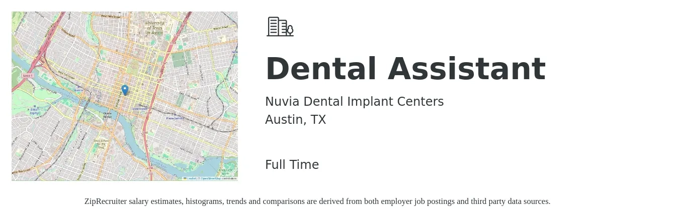 Nuvia Dental Implant Centers job posting for a Dental Assistant in Austin, TX with a salary of $22 to $25 Hourly with a map of Austin location.