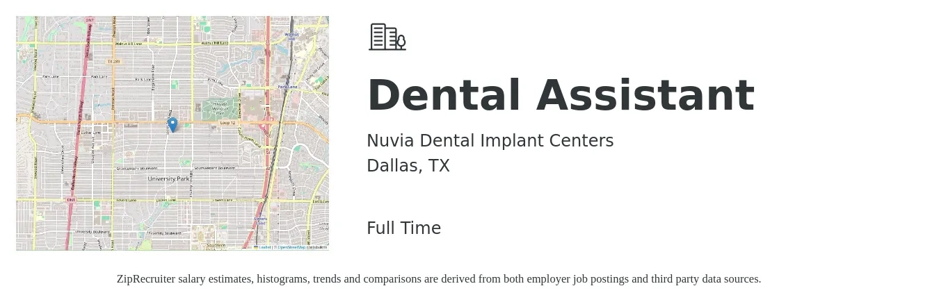Nuvia Dental Implant Centers job posting for a Dental Assistant in Dallas, TX with a salary of $22 to $25 Hourly with a map of Dallas location.