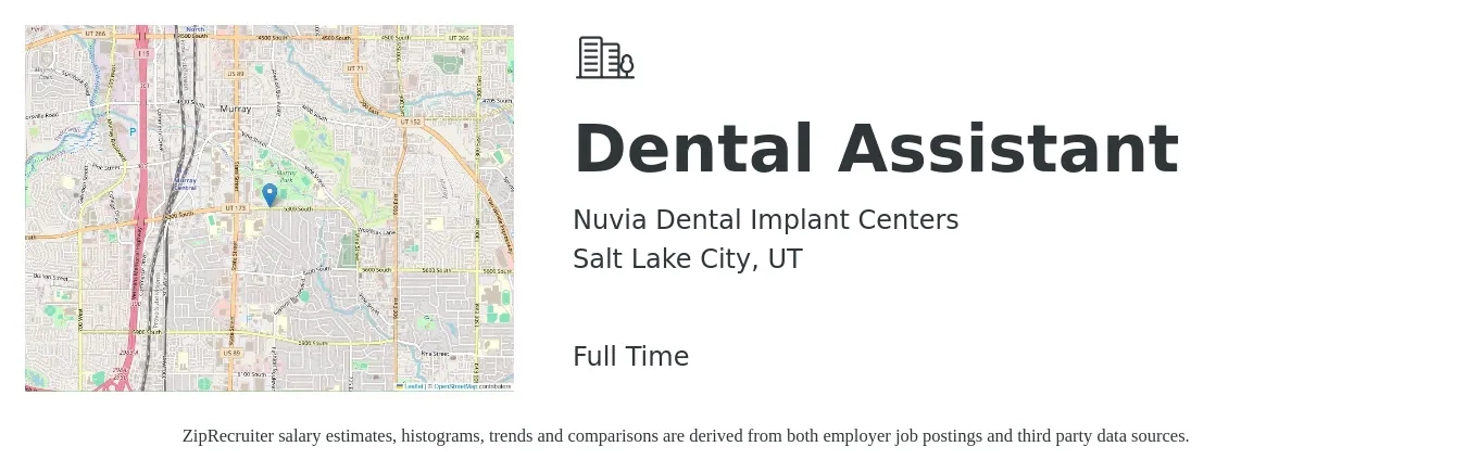 Nuvia Dental Implant Centers job posting for a Dental Assistant in Salt Lake City, UT with a salary of $25 to $28 Hourly with a map of Salt Lake City location.