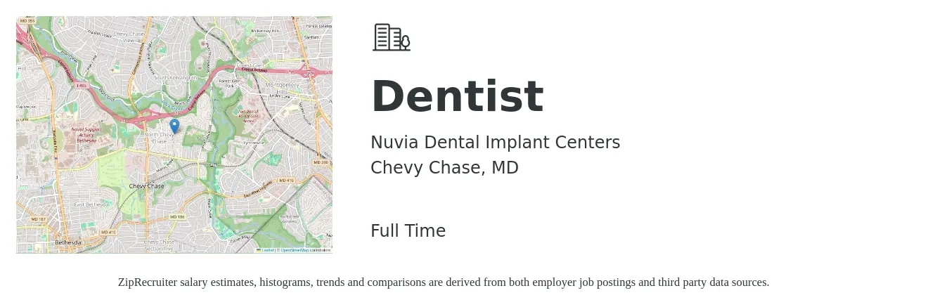Nuvia Dental Implant Centers job posting for a Dentist in Chevy Chase, MD with a salary of $550,000 Yearly with a map of Chevy Chase location.