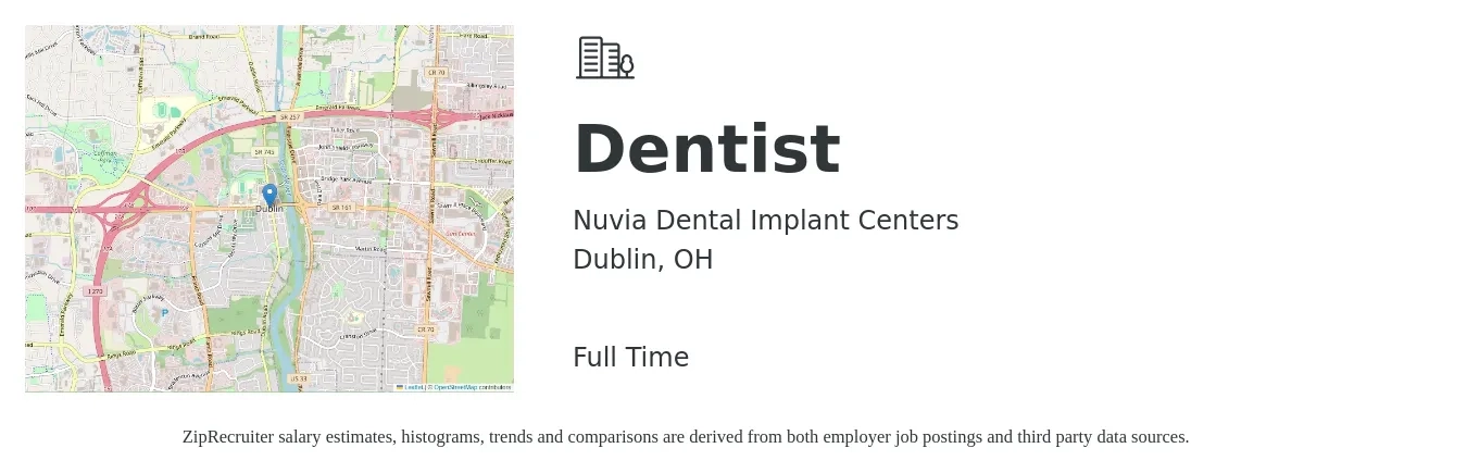Nuvia Dental Implant Centers job posting for a Dentist in Dublin, OH with a salary of $550,000 Yearly with a map of Dublin location.