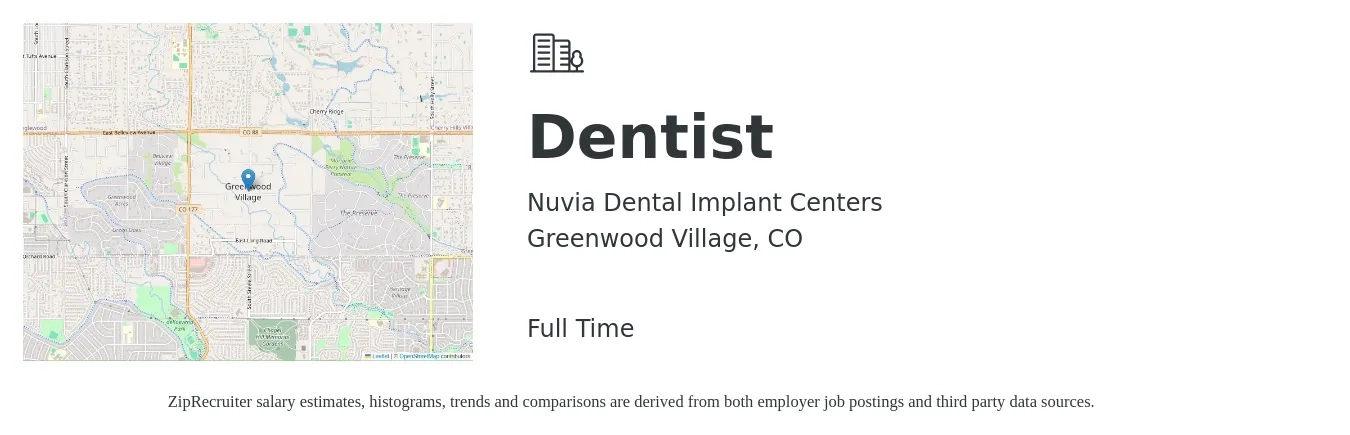 Nuvia Dental Implant Centers job posting for a Dentist in Greenwood Village, CO with a salary of $550,000 Yearly with a map of Greenwood Village location.