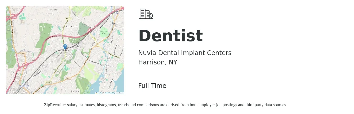 Nuvia Dental Implant Centers job posting for a Dentist in Harrison, NY with a salary of $550,000 Yearly with a map of Harrison location.