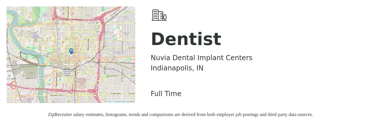 Nuvia Dental Implant Centers job posting for a Dentist in Indianapolis, IN with a salary of $550,000 Yearly with a map of Indianapolis location.