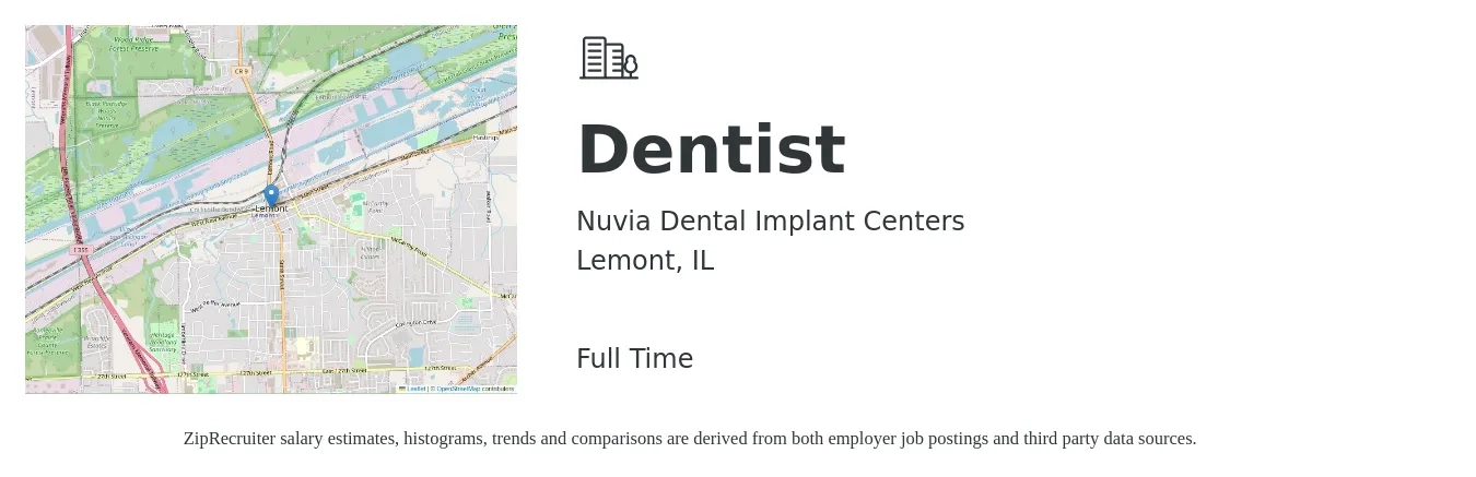 Nuvia Dental Implant Centers job posting for a Dentist in Lemont, IL with a salary of $550,000 Yearly with a map of Lemont location.