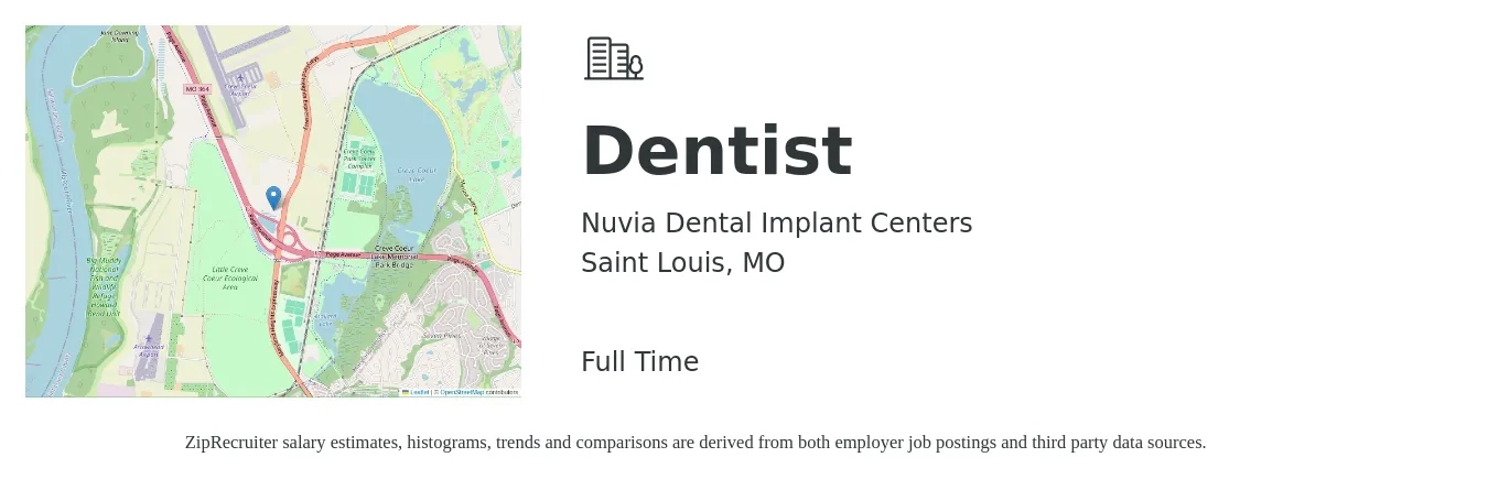 Nuvia Dental Implant Centers job posting for a Dentist in Saint Louis, MO with a salary of $550,000 Yearly with a map of Saint Louis location.