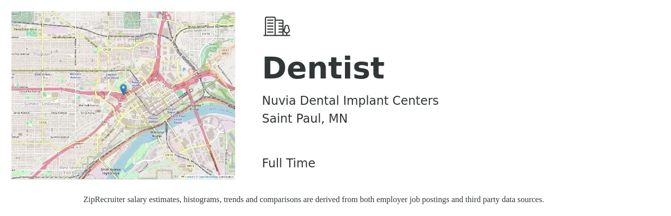 Nuvia Dental Implant Centers job posting for a Dentist in Saint Paul, MN with a salary of $550,000 Yearly with a map of Saint Paul location.