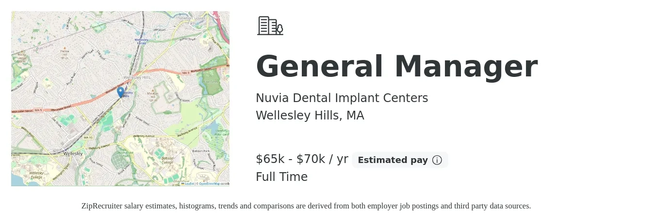 Nuvia Dental Implant Centers job posting for a General Manager in Wellesley Hills, MA with a salary of $65,000 Yearly with a map of Wellesley Hills location.