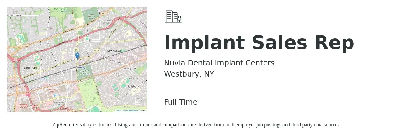 Nuvia Dental Implant Centers job posting for a Implant Sales Rep in Westbury, NY with a salary of $55,400 to $96,300 Yearly with a map of Westbury location.