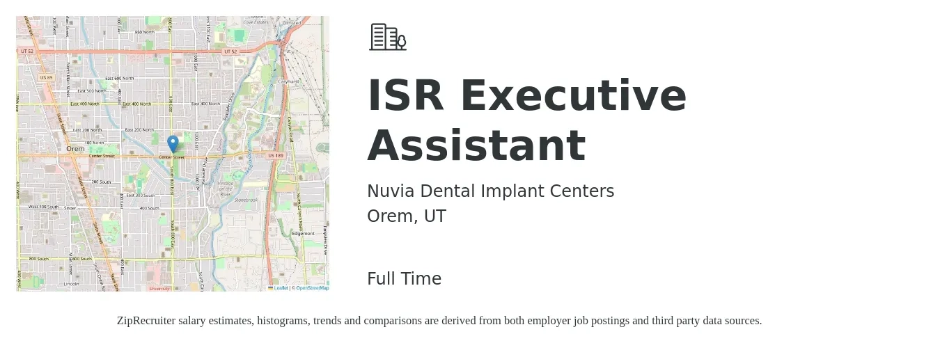 Nuvia Dental Implant Centers job posting for a ISR Executive Assistant in Orem, UT with a salary of $45,000 Yearly with a map of Orem location.