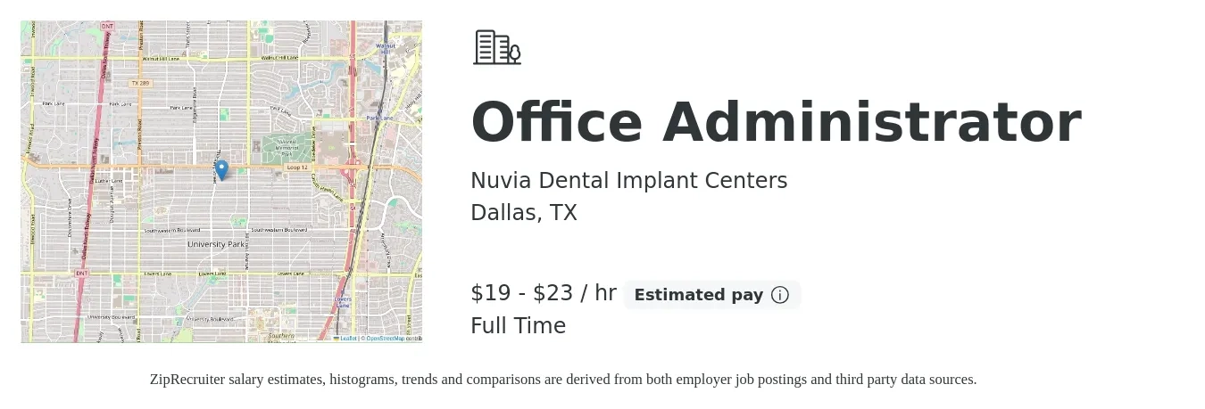 Nuvia Dental Implant Centers job posting for a Office Administrator in Dallas, TX with a salary of $20 to $24 Hourly with a map of Dallas location.