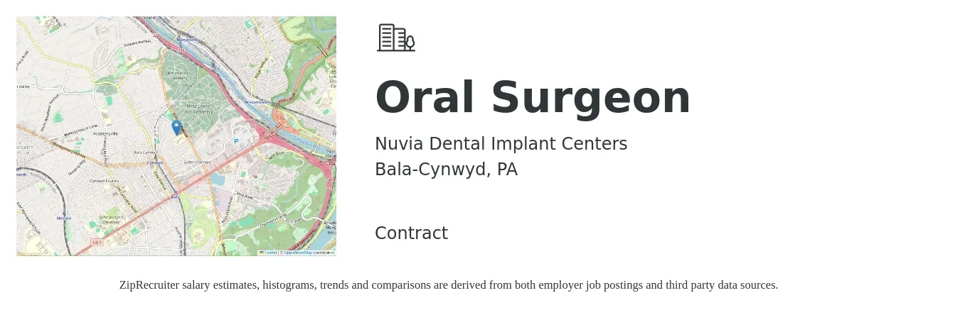 Nuvia Dental Implant Centers job posting for a Oral Surgeon in Bala-Cynwyd, PA with a salary of $500,000 to $1,000,000 Yearly with a map of Bala-Cynwyd location.