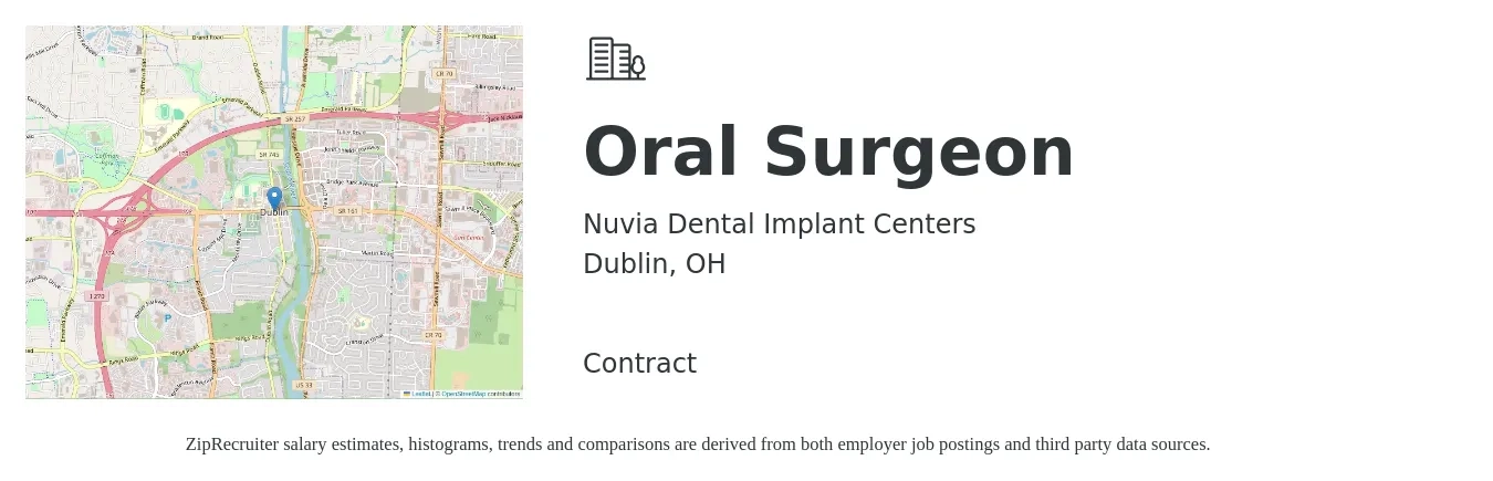 Nuvia Dental Implant Centers job posting for a Oral Surgeon in Dublin, OH with a salary of $500,000 to $1,000,000 Yearly with a map of Dublin location.