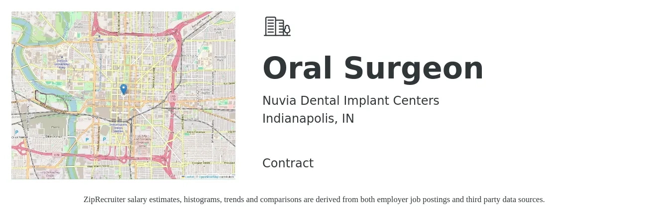 Nuvia Dental Implant Centers job posting for a Oral Surgeon in Indianapolis, IN with a salary of $500,000 to $1,000,000 Yearly with a map of Indianapolis location.