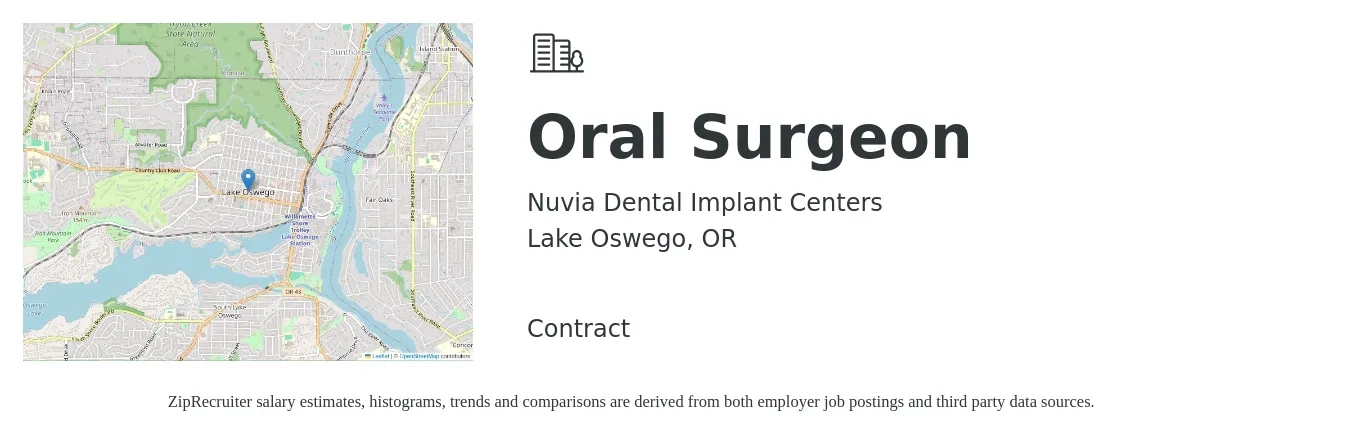 Nuvia Dental Implant Centers job posting for a Oral Surgeon in Lake Oswego, OR with a salary of $500,000 to $1,000,000 Yearly with a map of Lake Oswego location.