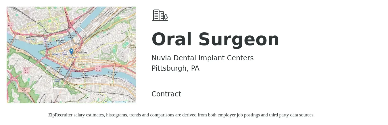 Nuvia Dental Implant Centers job posting for a Oral Surgeon in Pittsburgh, PA with a salary of $500,000 to $1,000,000 Yearly with a map of Pittsburgh location.