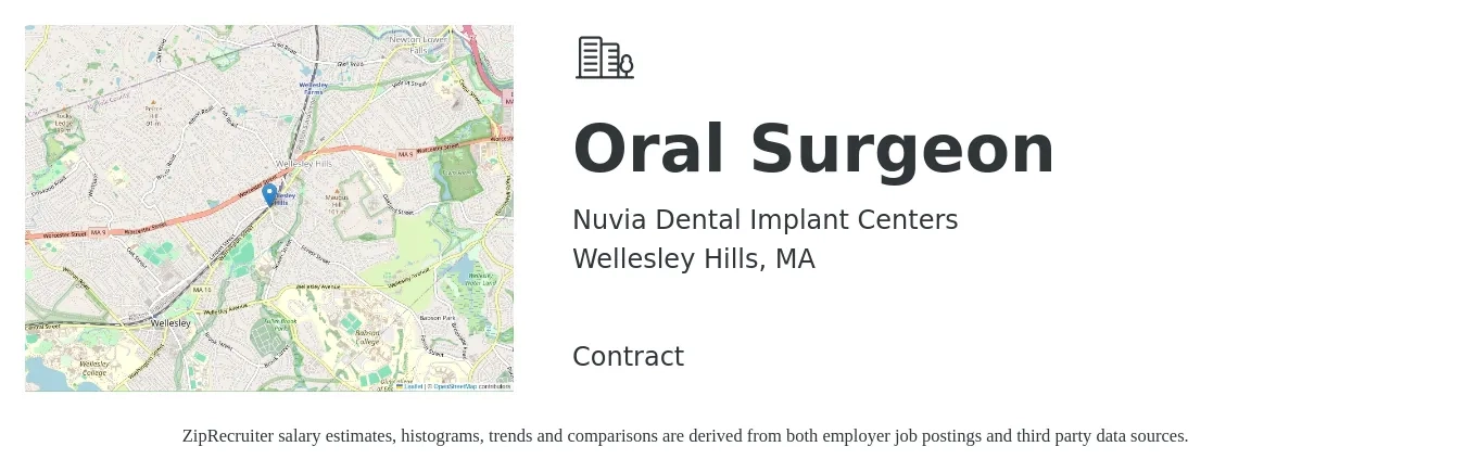 Nuvia Dental Implant Centers job posting for a Oral Surgeon in Wellesley Hills, MA with a salary of $500,000 to $1,000,000 Yearly with a map of Wellesley Hills location.