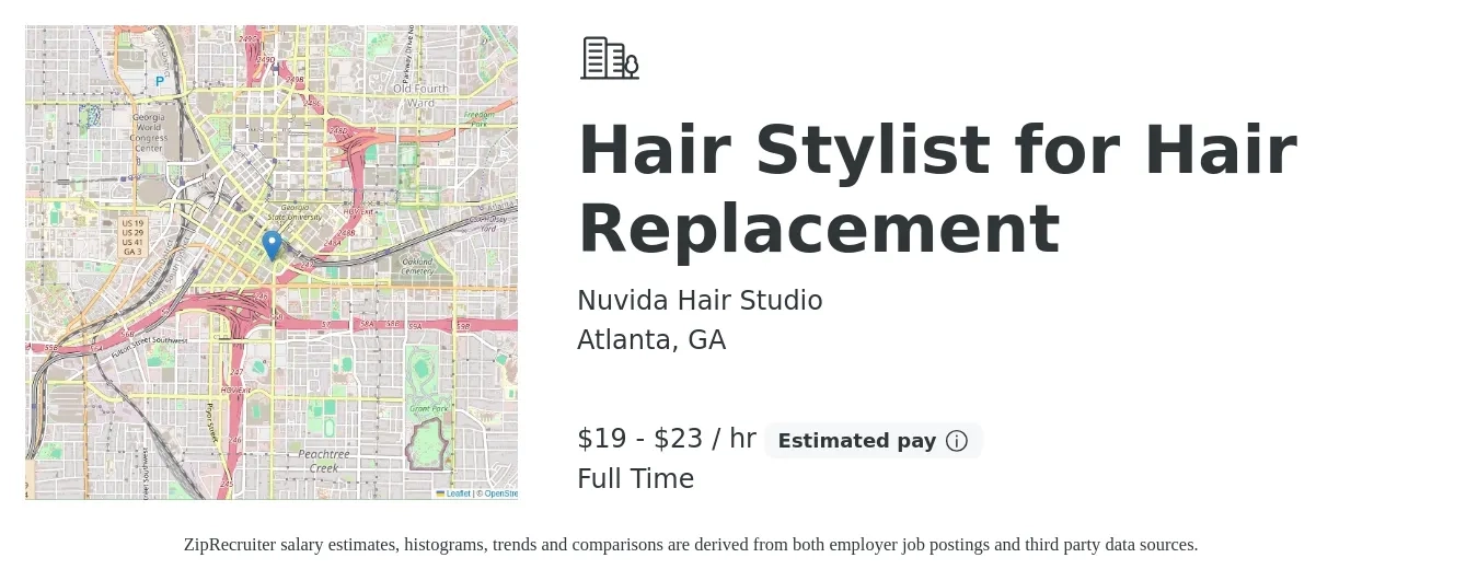 Nuvida Hair Studio job posting for a Hair Stylist for Hair Replacement in Atlanta, GA with a salary of $20 to $24 Hourly (plus commission) with a map of Atlanta location.