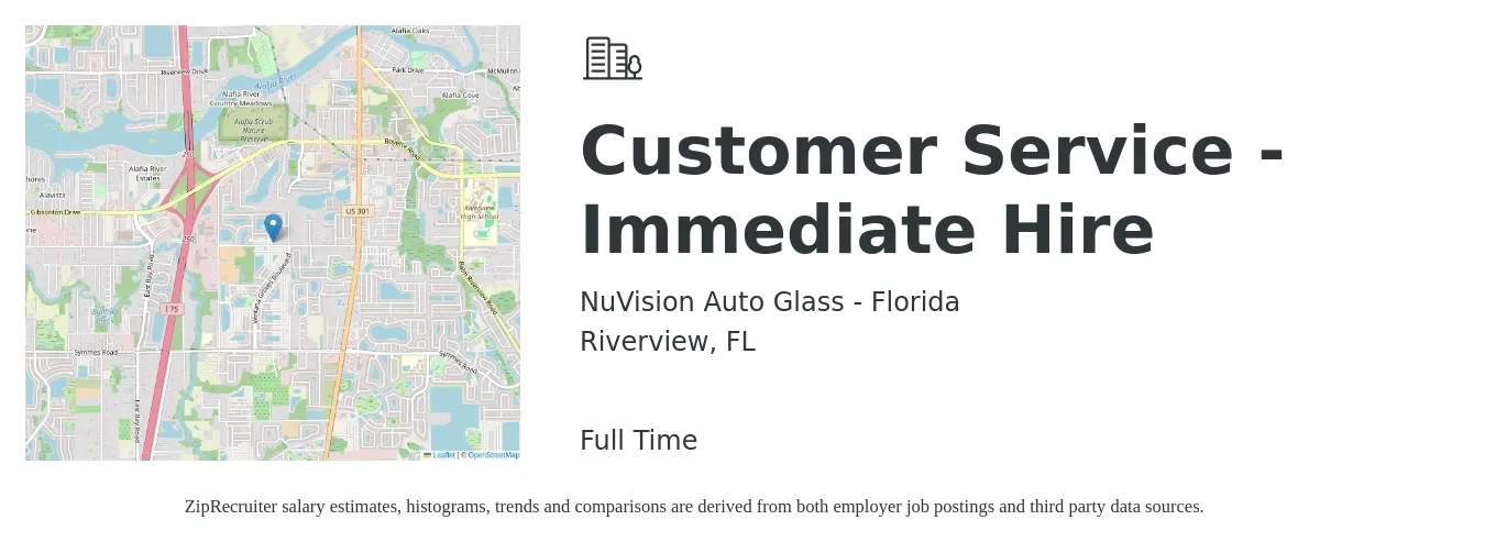 NuVision Auto Glass - Florida job posting for a Customer Service - Immediate Hire in Riverview, FL with a salary of $14 to $20 Hourly with a map of Riverview location.