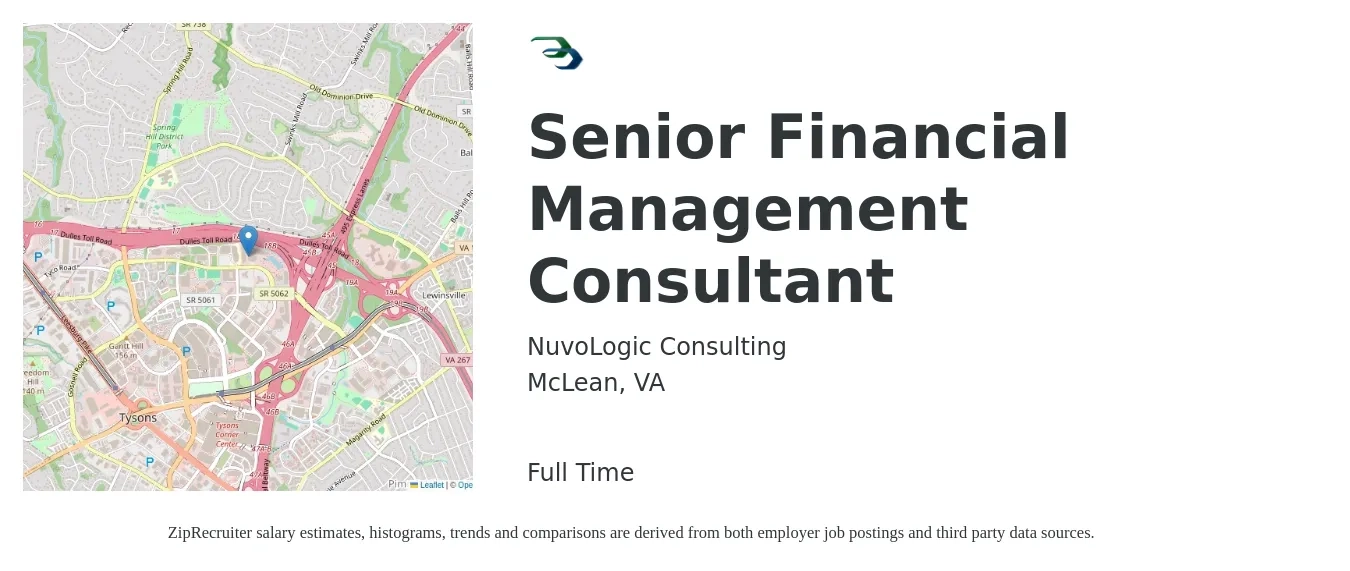 NuvoLogic Consulting job posting for a Senior Financial Management Consultant in McLean, VA with a salary of $117,800 Yearly with a map of McLean location.