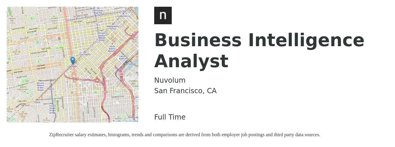 Nuvolum job posting for a Business Intelligence Analyst in San Francisco, CA with a salary of $89,500 to $136,700 Yearly with a map of San Francisco location.