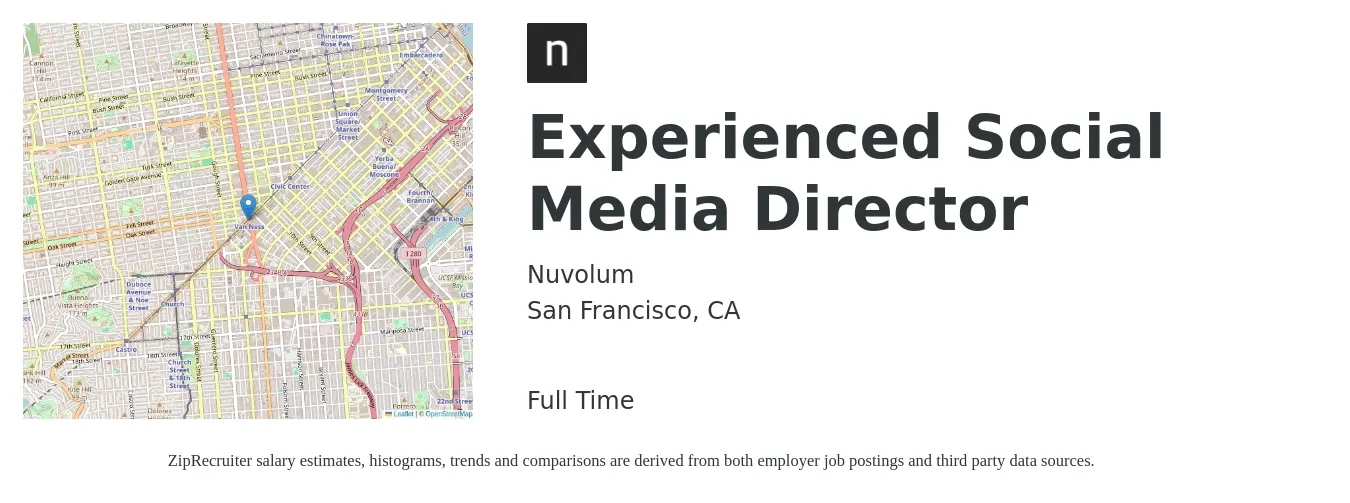 Nuvolum job posting for a Experienced Social Media Director in San Francisco, CA with a salary of $76,600 to $139,000 Yearly with a map of San Francisco location.