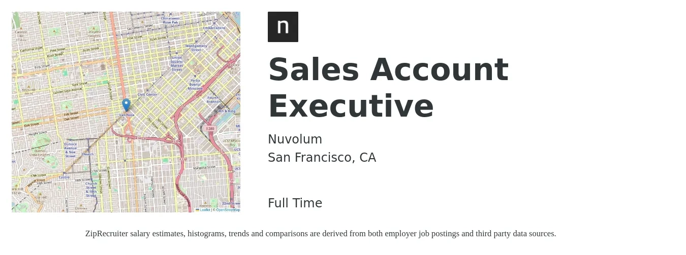 Nuvolum job posting for a Sales Account Executive in San Francisco, CA with a salary of $250,000 Yearly with a map of San Francisco location.