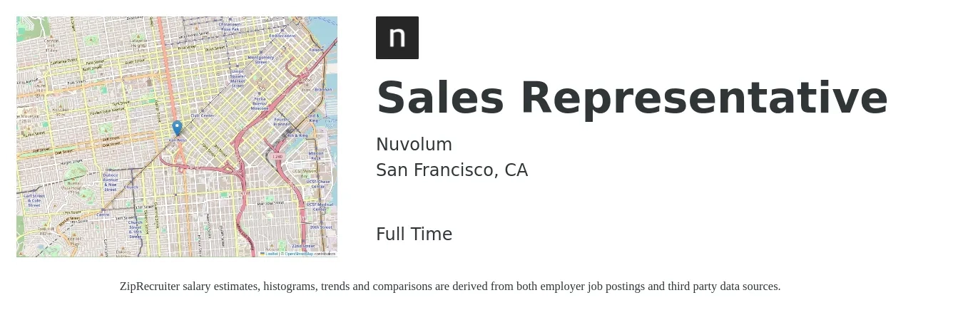 Nuvolum job posting for a Sales Representative in San Francisco, CA with a salary of $250,000 Yearly with a map of San Francisco location.