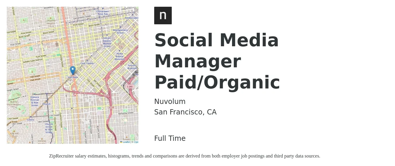 Nuvolum job posting for a Social Media Manager Paid/Organic in San Francisco, CA with a salary of $56,000 to $90,100 Yearly with a map of San Francisco location.