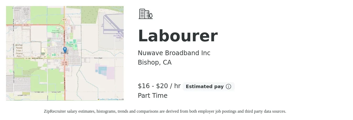 Nuwave Broadband Inc job posting for a Labourer in Bishop, CA with a salary of $17 to $21 Hourly with a map of Bishop location.