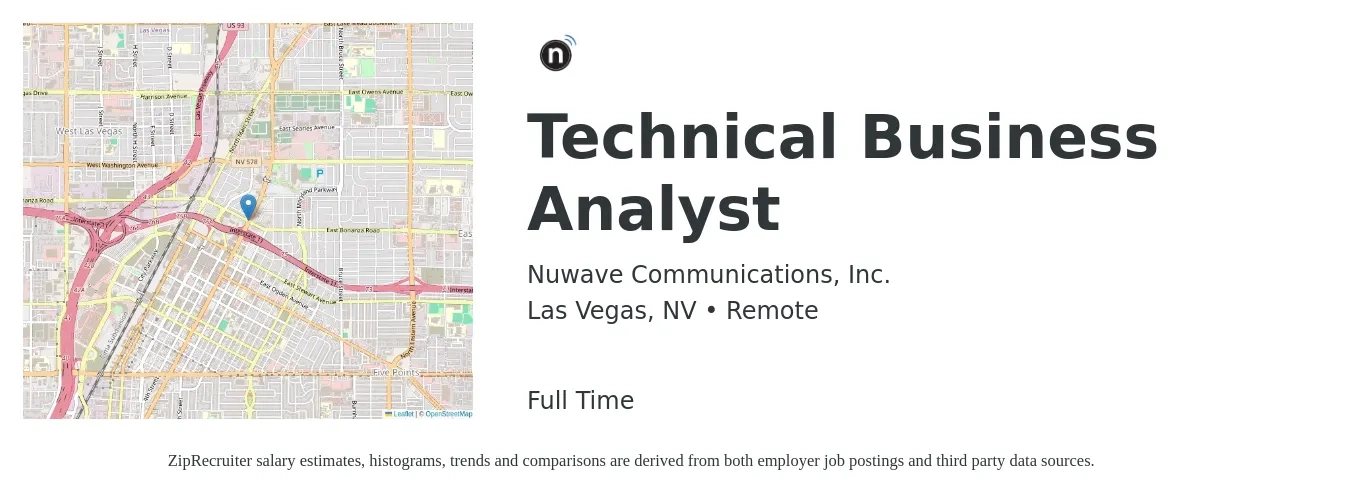 Nuwave Communications, Inc. job posting for a Technical Business Analyst in Las Vegas, NV with a salary of $38 to $56 Hourly with a map of Las Vegas location.