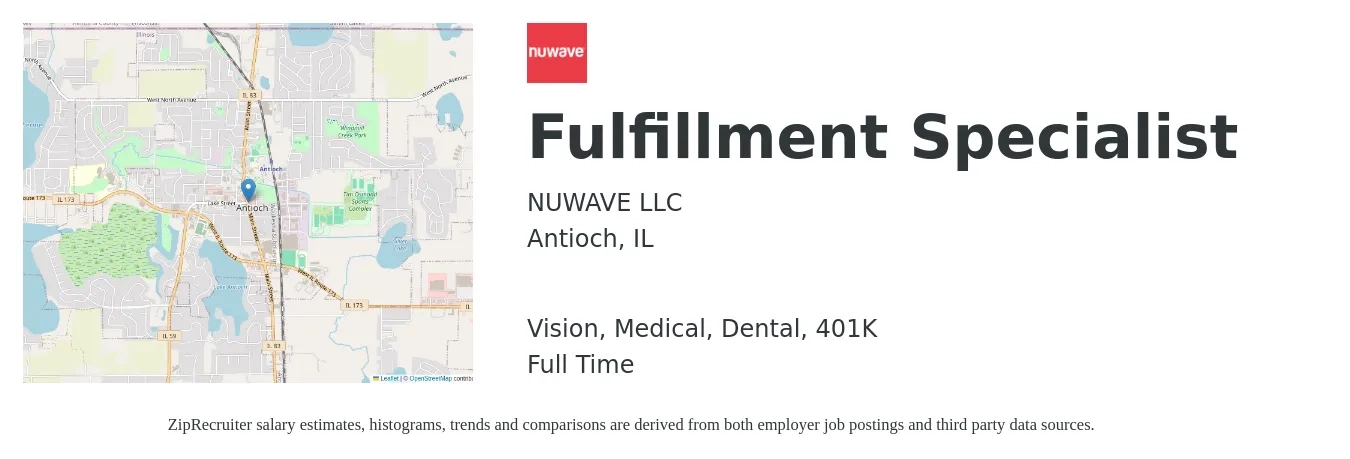 NUWAVE LLC job posting for a Fulfillment Specialist in Antioch, IL with a salary of $16 to $24 Hourly and benefits including 401k, dental, medical, and vision with a map of Antioch location.