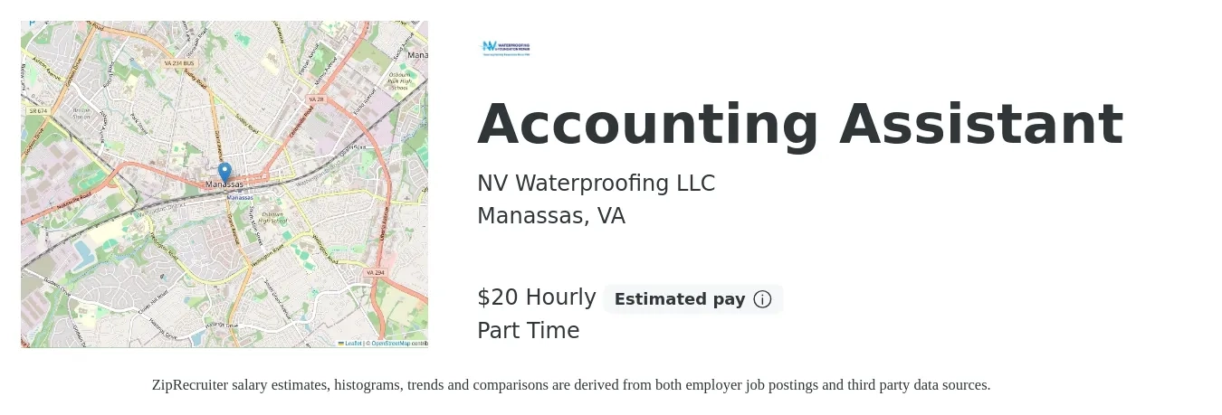 NV Waterproofing LLC job posting for a Accounting Assistant in Manassas, VA with a salary of $21 Hourly with a map of Manassas location.