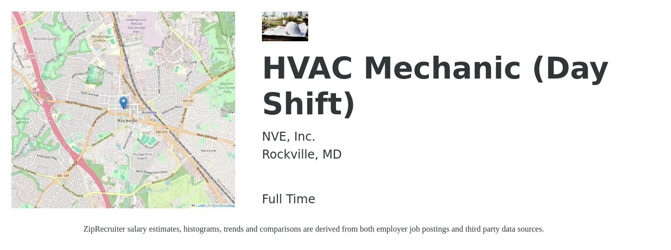 NVE, Inc. job posting for a HVAC Mechanic (Day Shift) in Rockville, MD with a salary of $25 to $34 Hourly with a map of Rockville location.