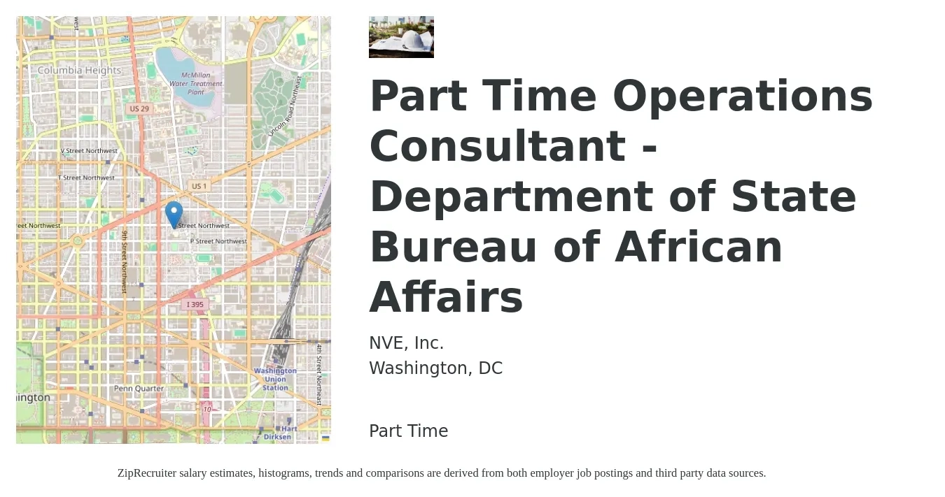 NVE, Inc. job posting for a Part Time Operations Consultant - Department of State Bureau of African Affairs in Washington, DC with a salary of $50,900 to $120,600 Yearly with a map of Washington location.